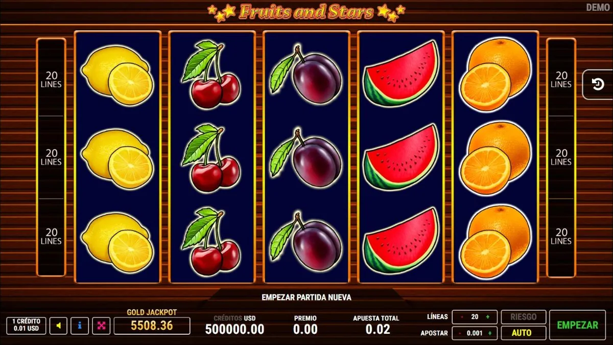 Fruits and Stars base game screen with 20 active lines and the jackpot panel