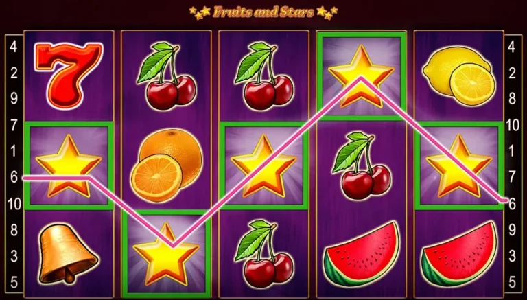 Rodillos de Fruits and Stars con cuatro estrellas Scatter en una línea de pago